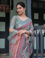 Pink and Maroon Pure Cotton Linen Saree with Blouse and Tassels - Floral Design with Leaf Patterns