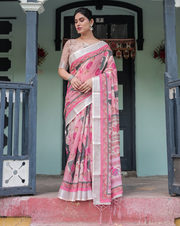 Elegant Pink and White Pure Cotton Linen Saree with Floral and Foliage Prints, Contrast Border, and Tassels