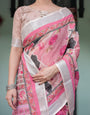 Elegant Pink and White Pure Cotton Linen Saree with Floral and Foliage Prints, Contrast Border, and Tassels