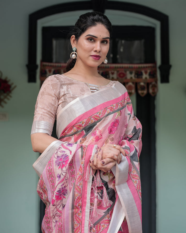 Elegant Pink and White Pure Cotton Linen Saree with Floral and Foliage Prints, Contrast Border, and Tassels