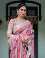 Elegant Pink and White Pure Cotton Linen Saree with Floral and Foliage Prints, Contrast Border, and Tassels