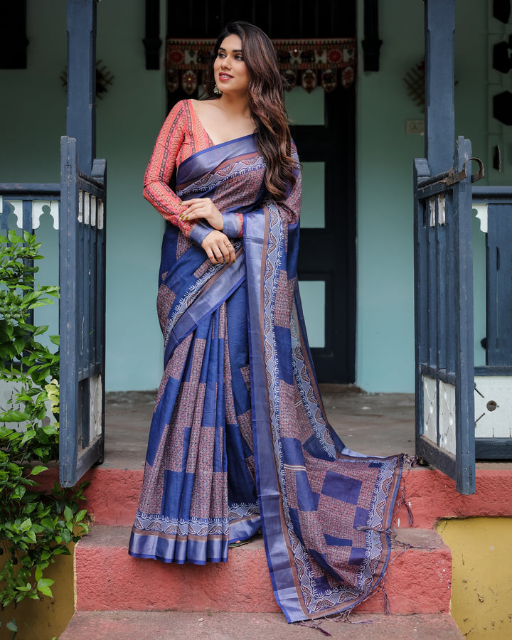 Navy Blue & Red Pure Cotton Linen Saree with Blouse and Tassels on Edges