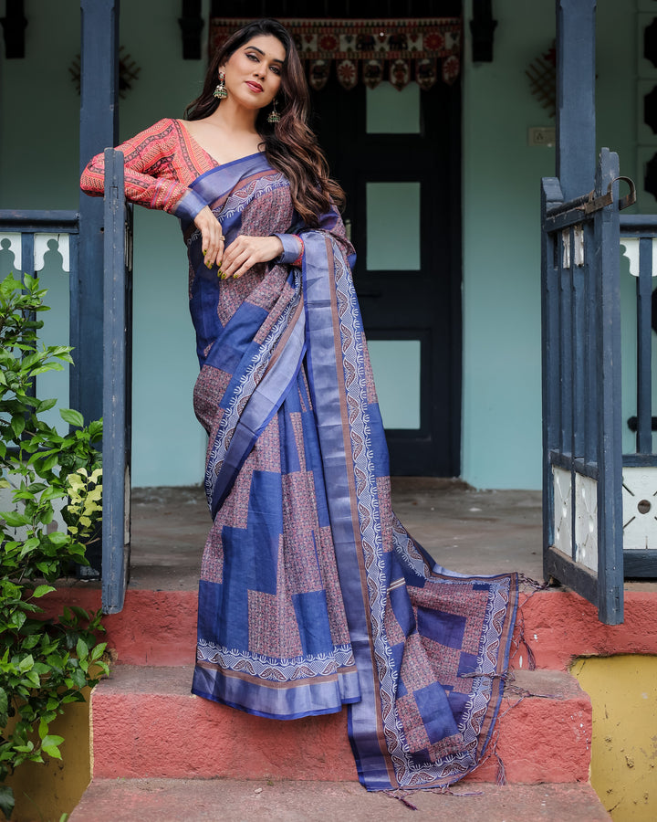 Navy Blue & Red Pure Cotton Linen Saree with Blouse and Tassels on Edges