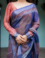 Navy Blue & Red Pure Cotton Linen Saree with Blouse and Tassels on Edges