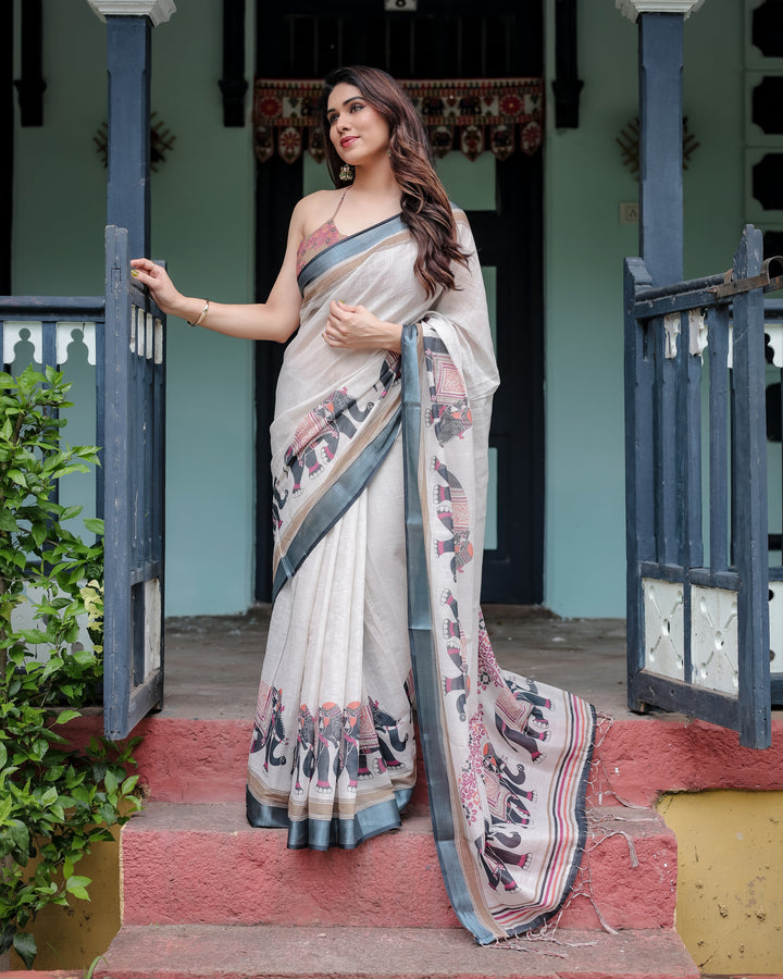 Ivory Pure Cotton Linen Saree with Elephant Motif and Tassel Detailing