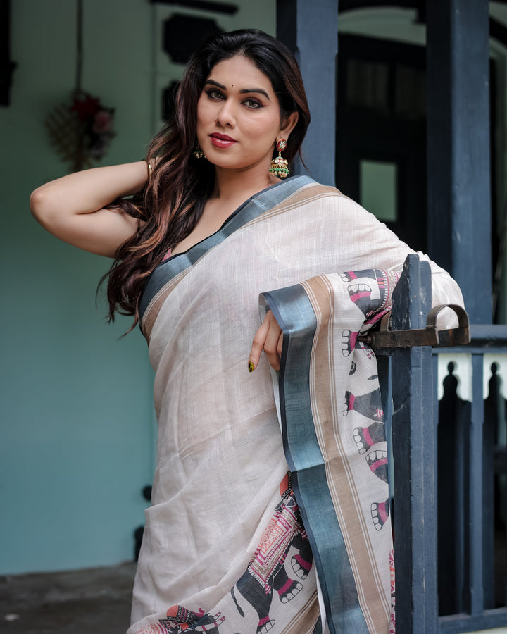 Ivory Pure Cotton Linen Saree with Elephant Motif and Tassel Detailing