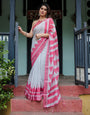 White and Pink Pure Cotton Linen Saree with Geometric Stripes, Blouse, and Tassel Detailing