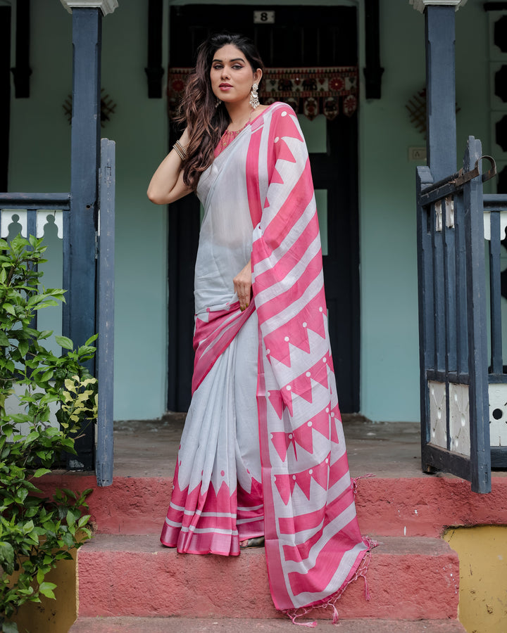 White and Pink Pure Cotton Linen Saree with Geometric Stripes, Blouse, and Tassel Detailing