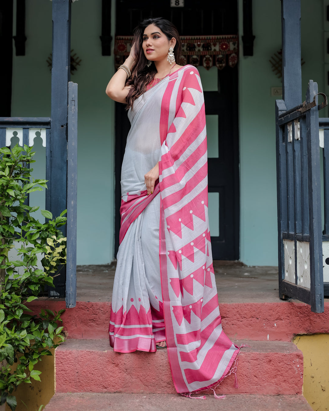 White and Pink Pure Cotton Linen Saree with Geometric Stripes, Blouse, and Tassel Detailing