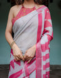 White and Pink Pure Cotton Linen Saree with Geometric Stripes, Blouse, and Tassel Detailing