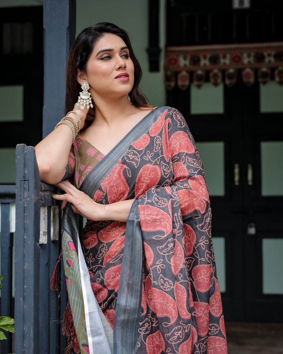 Charcoal Black Pure Cotton Linen Saree with Leafy Paisley Print, Blouse, and Tassel Detailing