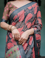 Charcoal Black Pure Cotton Linen Saree with Leafy Paisley Print, Blouse, and Tassel Detailing