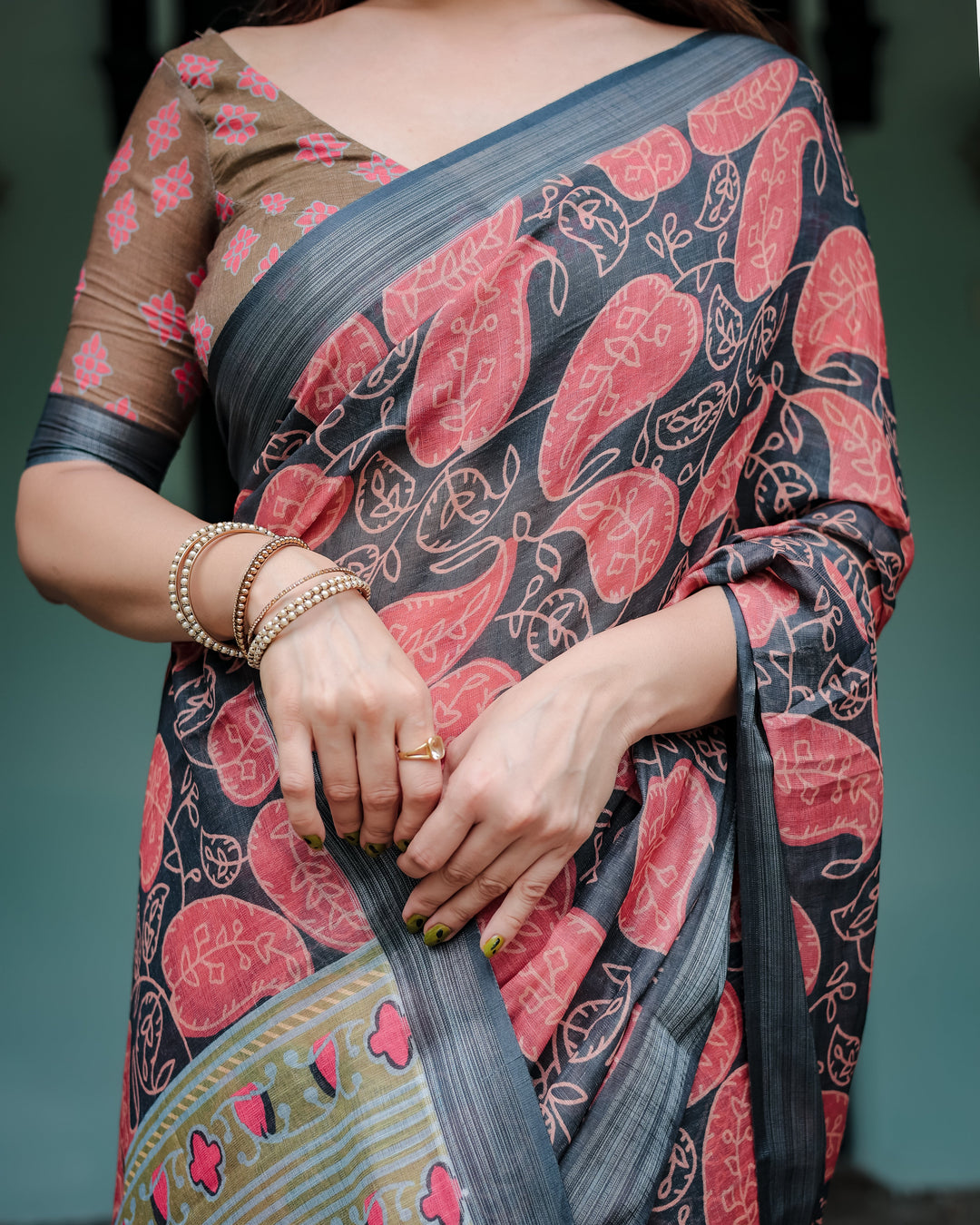 Charcoal Black Pure Cotton Linen Saree with Leafy Paisley Print, Blouse, and Tassel Detailing