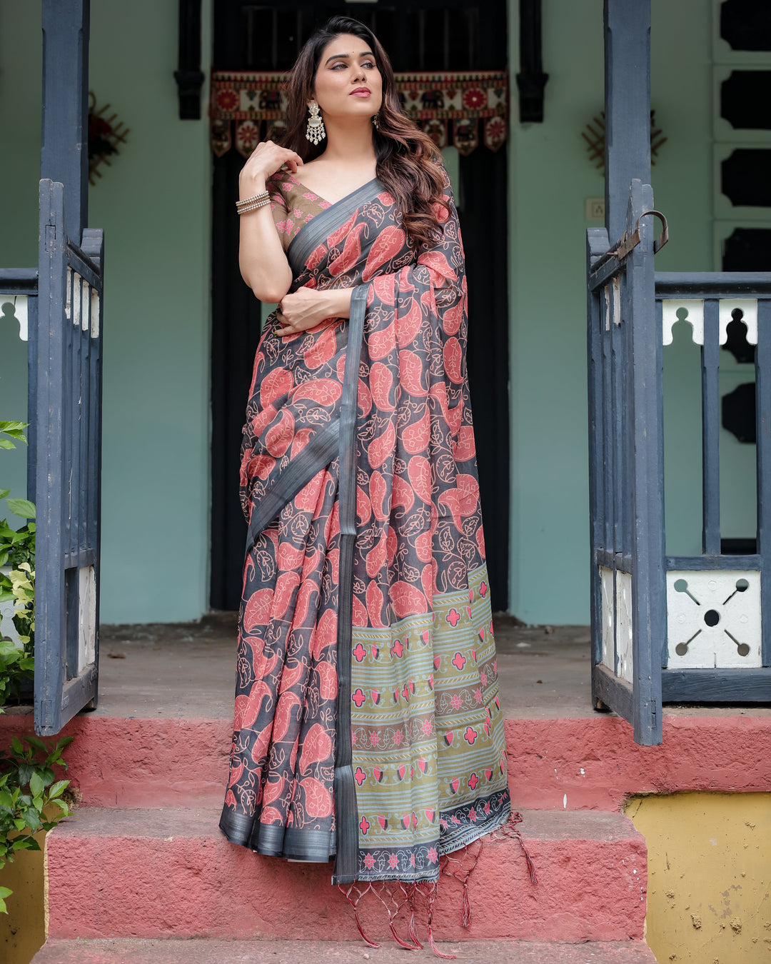 Charcoal Black Pure Cotton Linen Saree with Leafy Paisley Print, Blouse, and Tassel Detailing