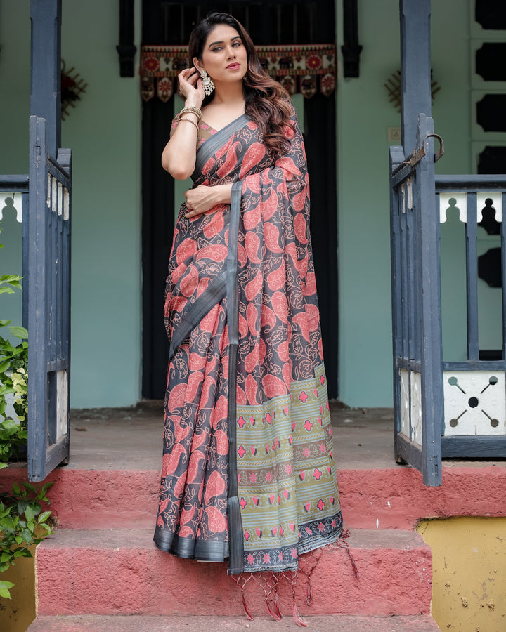 Charcoal Black Pure Cotton Linen Saree with Leafy Paisley Print, Blouse, and Tassel Detailing