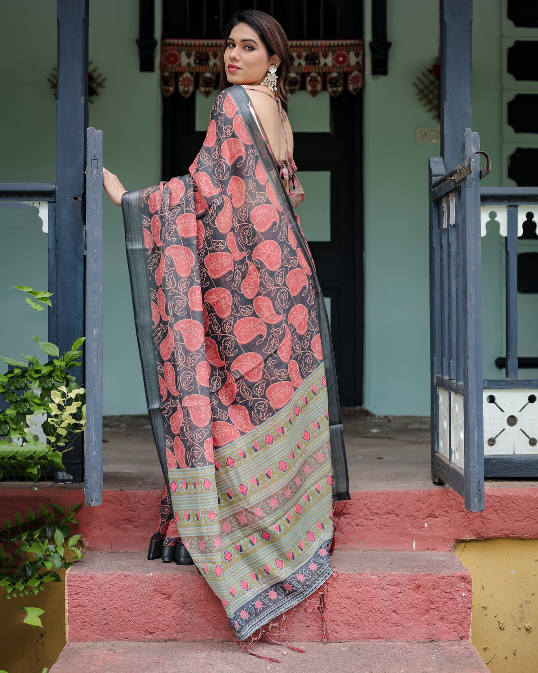 Charcoal Black Pure Cotton Linen Saree with Leafy Paisley Print, Blouse, and Tassel Detailing