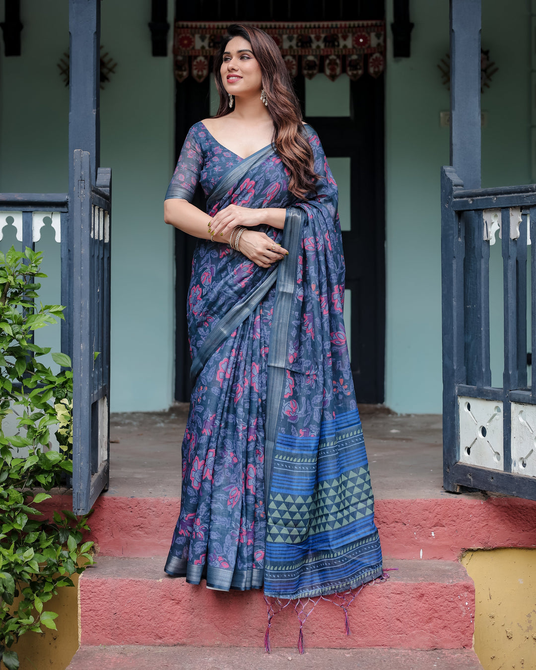 Navy Blue Pure Cotton Linen Saree with Floral Print, Blouse, and Tassel Detailing