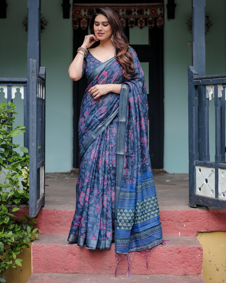 Navy Blue Pure Cotton Linen Saree with Floral Print, Blouse, and Tassel Detailing