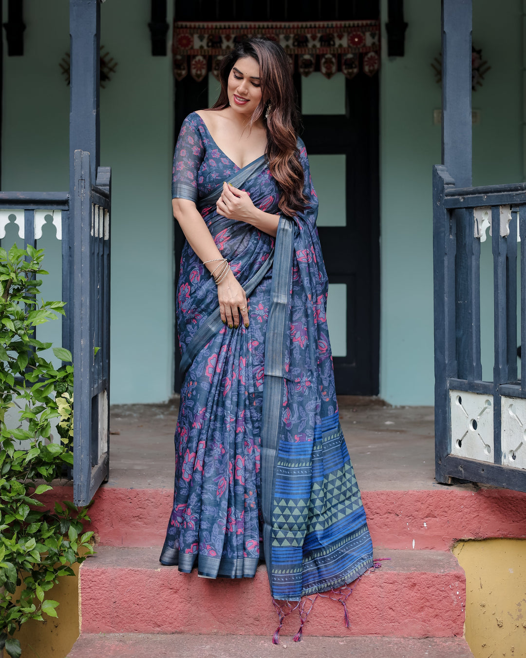 Navy Blue Pure Cotton Linen Saree with Floral Print, Blouse, and Tassel Detailing