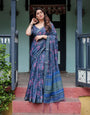 Navy Blue Pure Cotton Linen Saree with Floral Print, Blouse, and Tassel Detailing