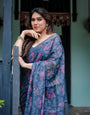 Navy Blue Pure Cotton Linen Saree with Floral Print, Blouse, and Tassel Detailing