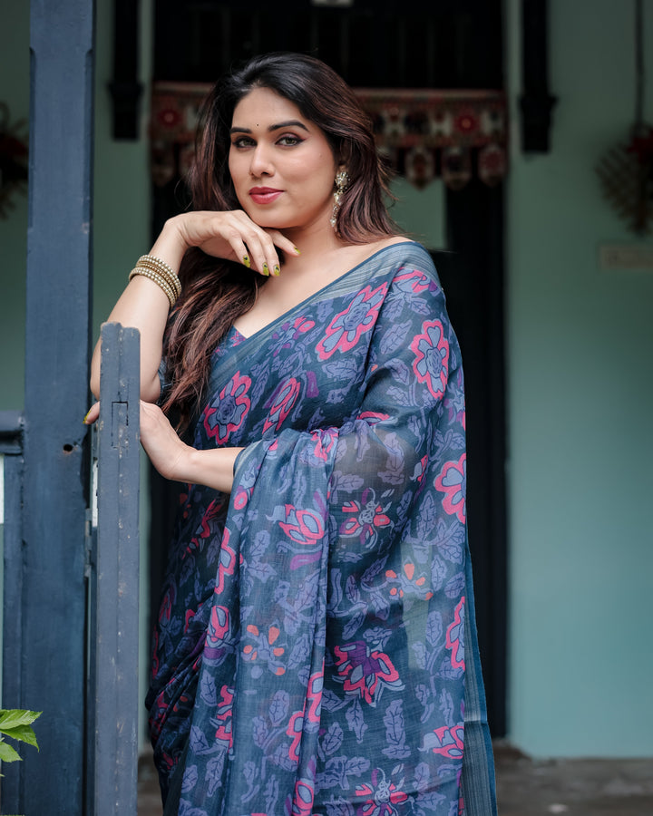 Navy Blue Pure Cotton Linen Saree with Floral Print, Blouse, and Tassel Detailing