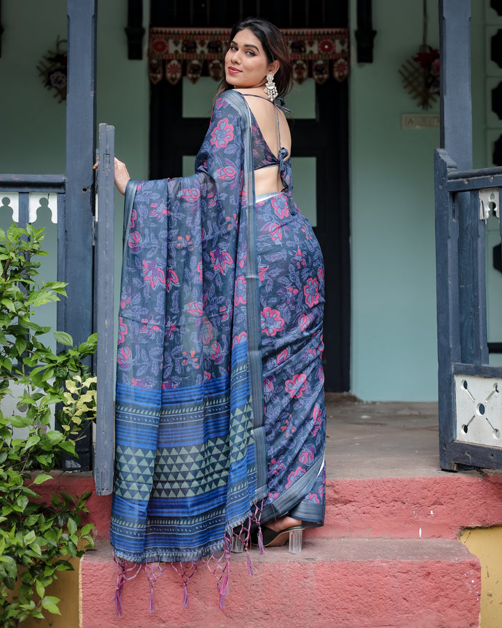 Navy Blue Pure Cotton Linen Saree with Floral Print, Blouse, and Tassel Detailing