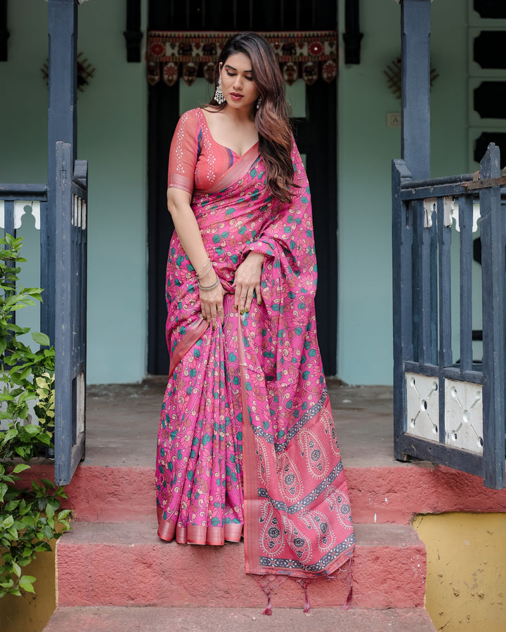 Magenta and Pink Pure Cotton Linen Saree with Floral and Paisley Block Print, Blouse, and Tassel Detailing