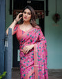 Magenta and Pink Pure Cotton Linen Saree with Floral and Paisley Block Print, Blouse, and Tassel Detailing