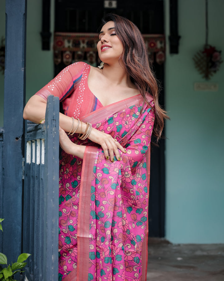 Magenta and Pink Pure Cotton Linen Saree with Floral and Paisley Block Print, Blouse, and Tassel Detailing