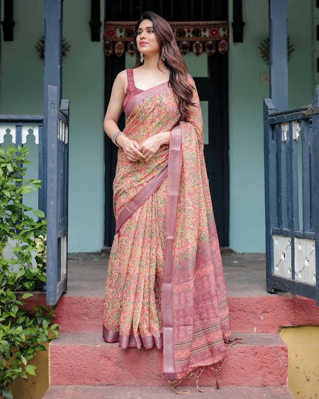 Beige and Rust Pure Cotton Linen Saree with Tribal Block Print, Blouse, and Tassel Detailing