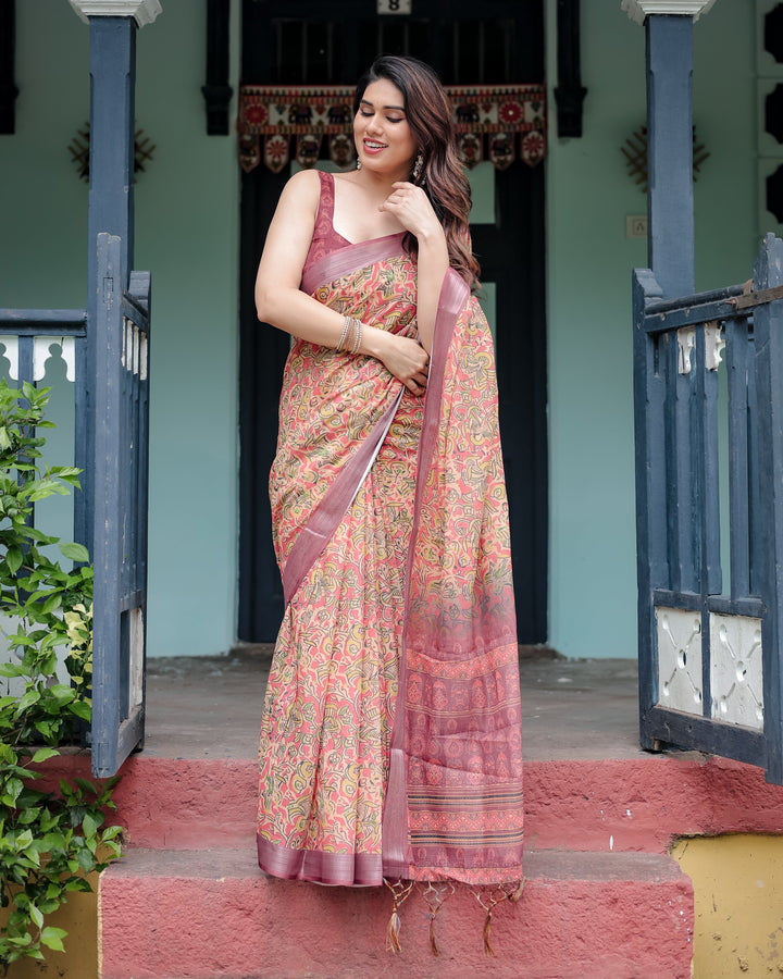 Beige and Rust Pure Cotton Linen Saree with Tribal Block Print, Blouse, and Tassel Detailing