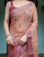 Beige and Rust Pure Cotton Linen Saree with Tribal Block Print, Blouse, and Tassel Detailing