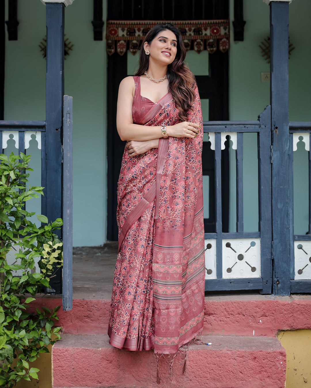 Rust Red Pure Cotton Linen Saree with Floral Block Print, Blouse, and Tassel Detailing