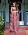 Rust Red Pure Cotton Linen Saree with Floral Block Print, Blouse, and Tassel Detailing