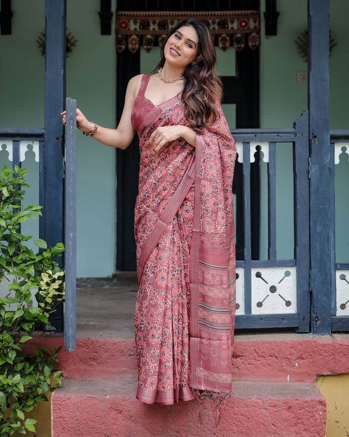 Rust Red Pure Cotton Linen Saree with Floral Block Print, Blouse, and Tassel Detailing