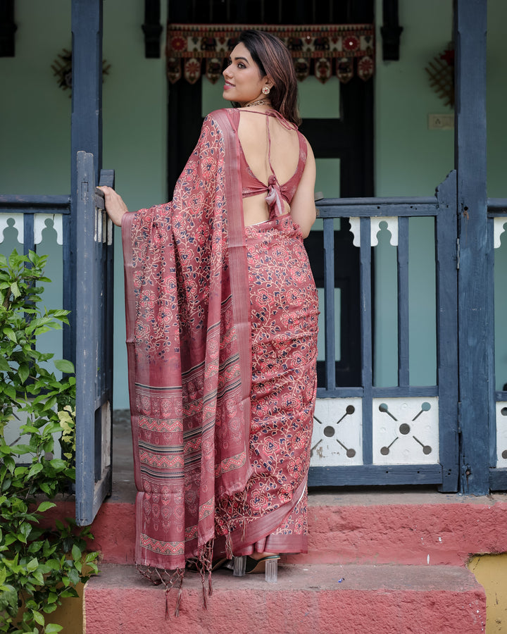 Rust Red Pure Cotton Linen Saree with Floral Block Print, Blouse, and Tassel Detailing