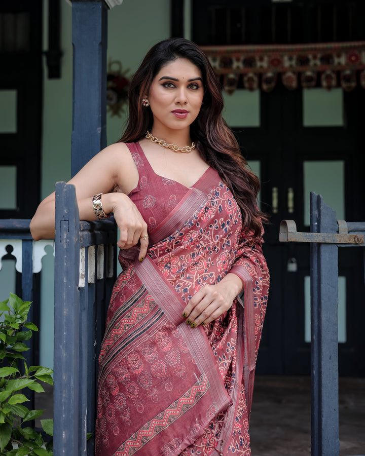 Rust Red Pure Cotton Linen Saree with Floral Block Print, Blouse, and Tassel Detailing