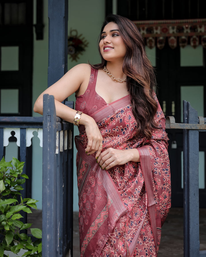 Rust Red Pure Cotton Linen Saree with Floral Block Print, Blouse, and Tassel Detailing