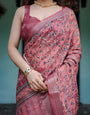 Rust Red Pure Cotton Linen Saree with Floral Block Print, Blouse, and Tassel Detailing