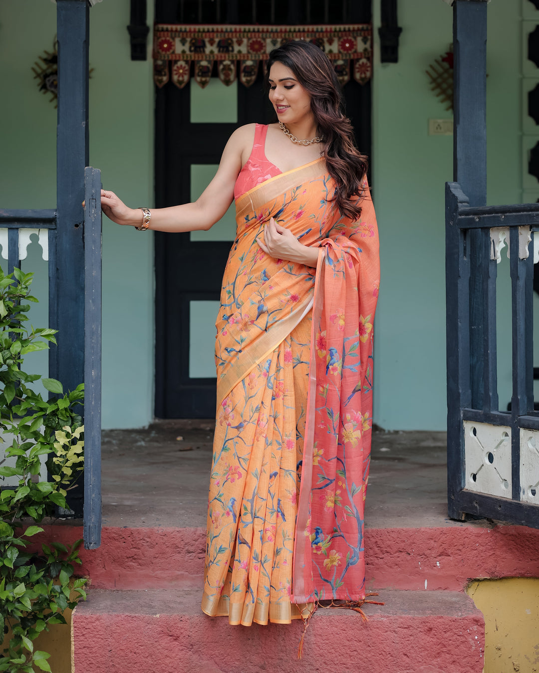 Peach and Orange Pure Cotton Linen Saree with Floral and Bird Print, Blouse, and Tassel Detailing