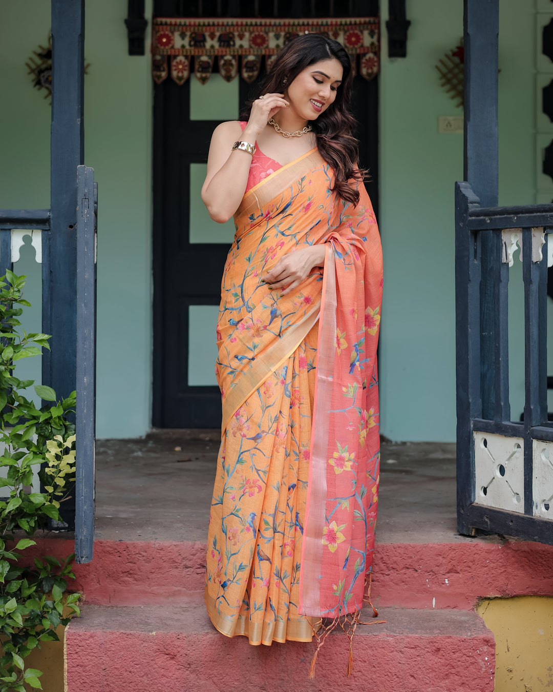 Peach and Orange Pure Cotton Linen Saree with Floral and Bird Print, Blouse, and Tassel Detailing