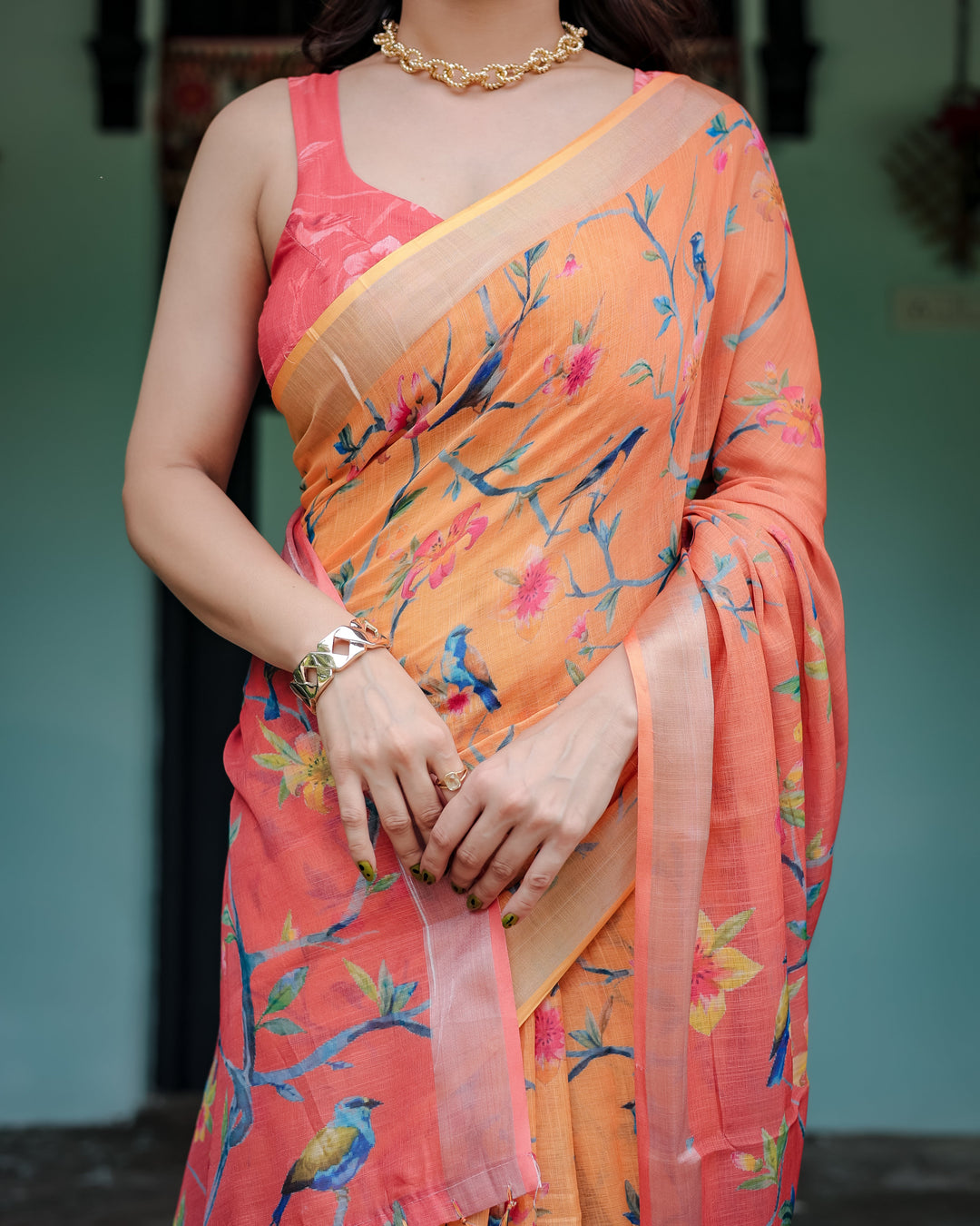 Peach and Orange Pure Cotton Linen Saree with Floral and Bird Print, Blouse, and Tassel Detailing