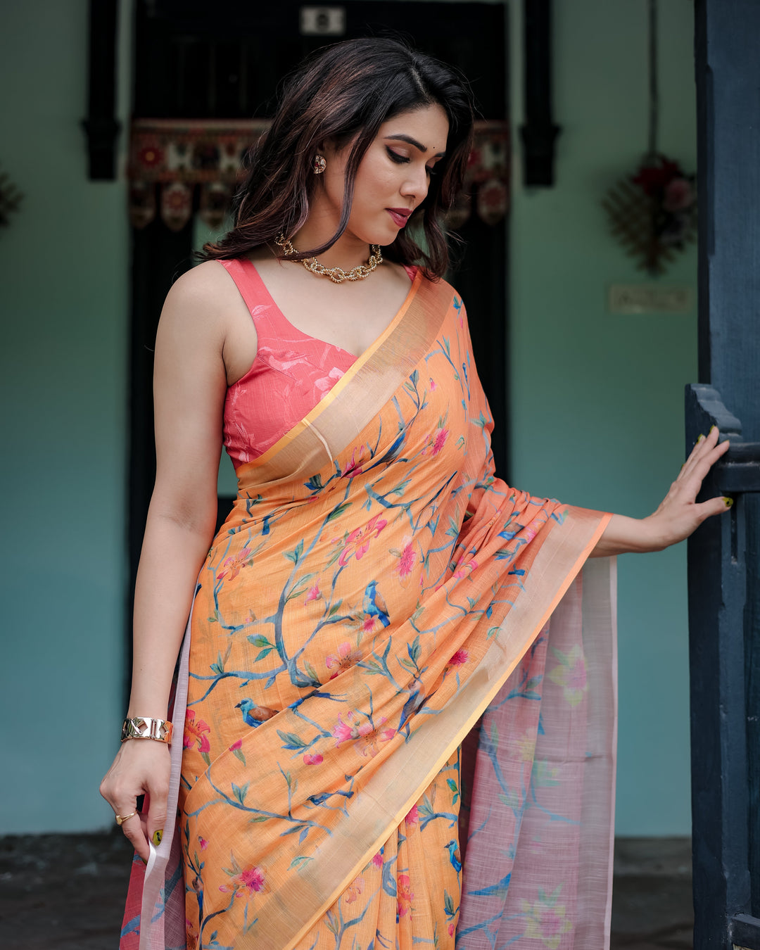 Peach and Orange Pure Cotton Linen Saree with Floral and Bird Print, Blouse, and Tassel Detailing