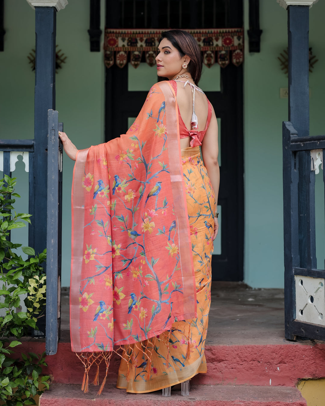 Peach and Orange Pure Cotton Linen Saree with Floral and Bird Print, Blouse, and Tassel Detailing