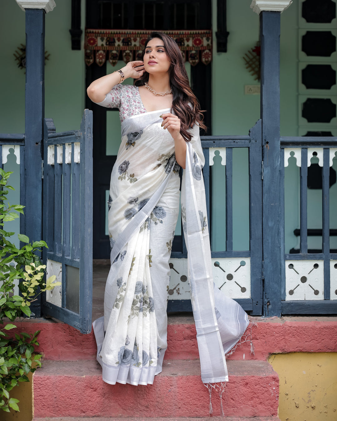 White and Grey Pure Cotton Linen Saree with Floral Print, Blouse, and Tassel Detailing