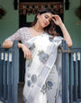 White and Grey Pure Cotton Linen Saree with Floral Print, Blouse, and Tassel Detailing