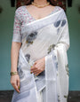 White and Grey Pure Cotton Linen Saree with Floral Print, Blouse, and Tassel Detailing