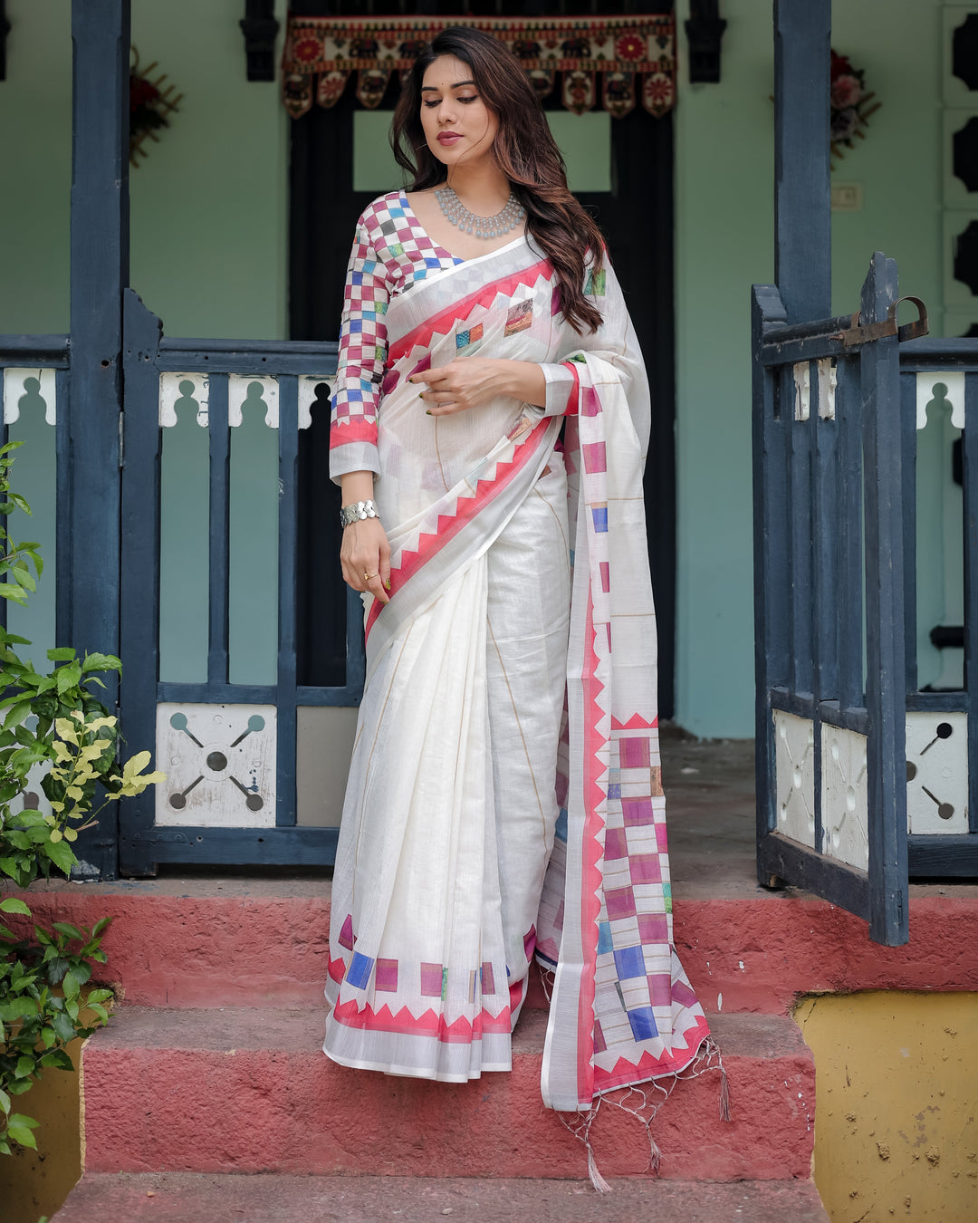 White Pure Cotton Linen Saree with Multicolor Checkered Design, Blouse, and Tassel Detailing