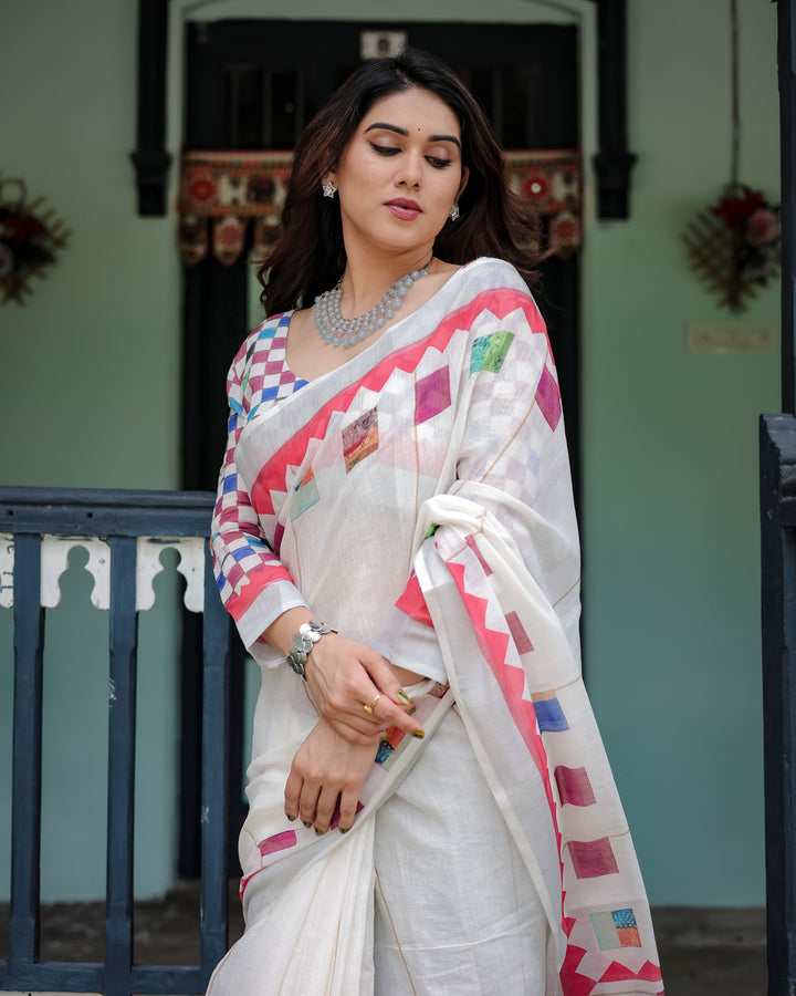 White Pure Cotton Linen Saree with Multicolor Checkered Design, Blouse, and Tassel Detailing